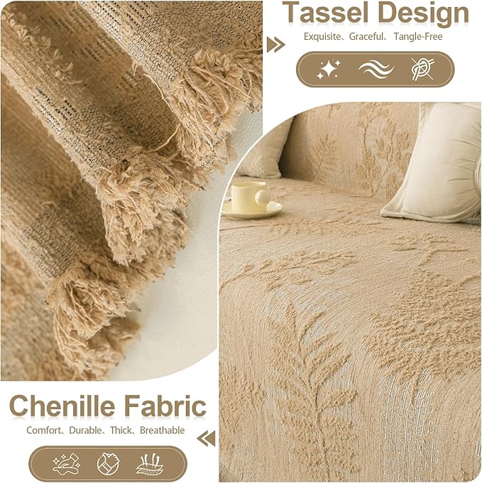 HANDONTIME Washable Couch Covers for Sofa Boho Couch Covers for 3 Cushion Sofa Pet Friendly Camel Chenille Jacquard Couch Protector for Dogs Plant Branch Sectional Cover Sofa Slipcovers, 71" X 134"