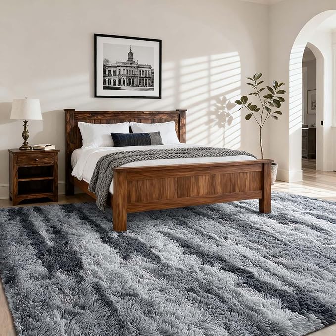 4x6 Ft Shag Rugs for Bedroom Living Room, Tie-Dyed Ultra Soft Fluffy Furry Area Rugs for Indoor Floor, Aesthetic Carpet for Kids Home Decor (Grey)