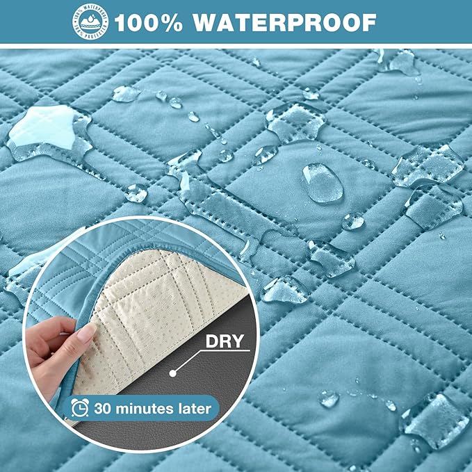 TAOCOCO 100% Waterproof Recliner Sofa Covers 3 Seater Split Couch Covers for 3 Cushion Reclining Couch with Straps, Non Slip Reclining Sofa Covers Furniture Protector for Kids Pets(3 Seater, Sky Blue)