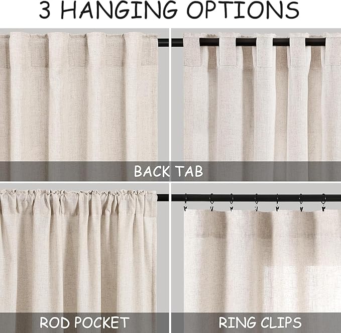 Nanspring Beige Farmhouse Curtains 30 Inch Length for Kitchen Linen Blend Semi Sheer Curtains Back Tab and Rod Pocket Rustic Farmhouse Decor for Cafe Small Window Curtain 36 x 30 Inch, 2 Panels