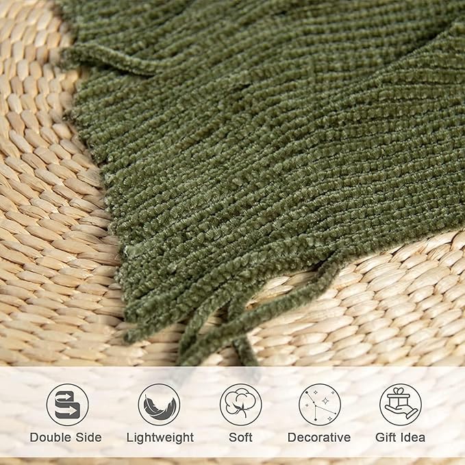 lifein Throw Blanket for Couch, Soft Green Boho Decor Bed Throw,Cozy Knitted Chenille Farmhouse Lightweight Throw(Olive Green,50 * 60")
