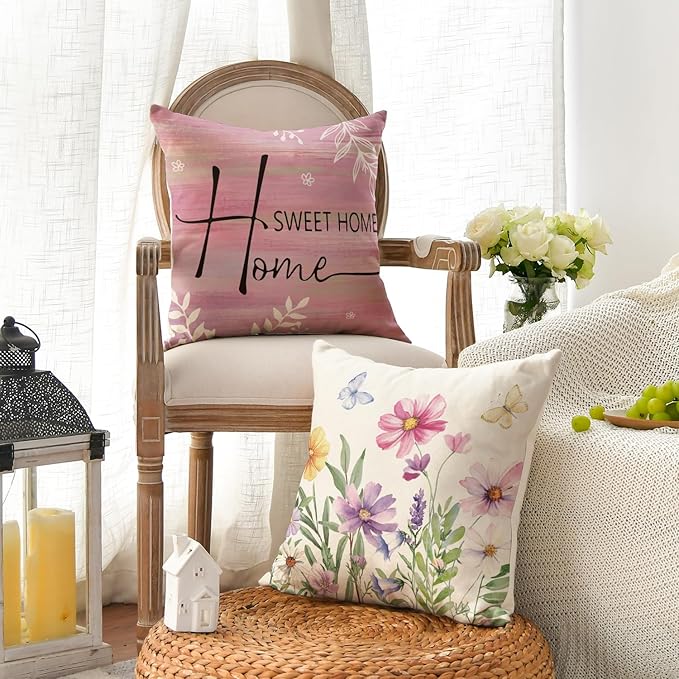 AVOIN colorlife Spring Saying Flowers Butterfly Pink Throw Pillow Covers, 18 x 18 Inch Home Sweet Home Cushion Case for Sofa Couch Set of 4
