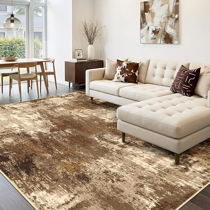 Washable Area Rugs 6'x9' Non-Slip Modern Abstract Soft for Living Room Entryway Bedroom Nursery, Print Pattern, Brown Tan Beige Coffee