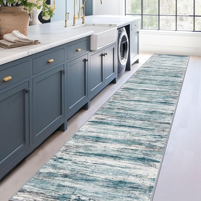 KOZYFLY Modern Abstract Hallway Runner Rug,2.6x14 Washable Rug Runner Non-Slip Soft Striped Kitchen Runner Rugs, Print Blue Carpet Runner for Entryway Bathroom Laundry Room Foyer