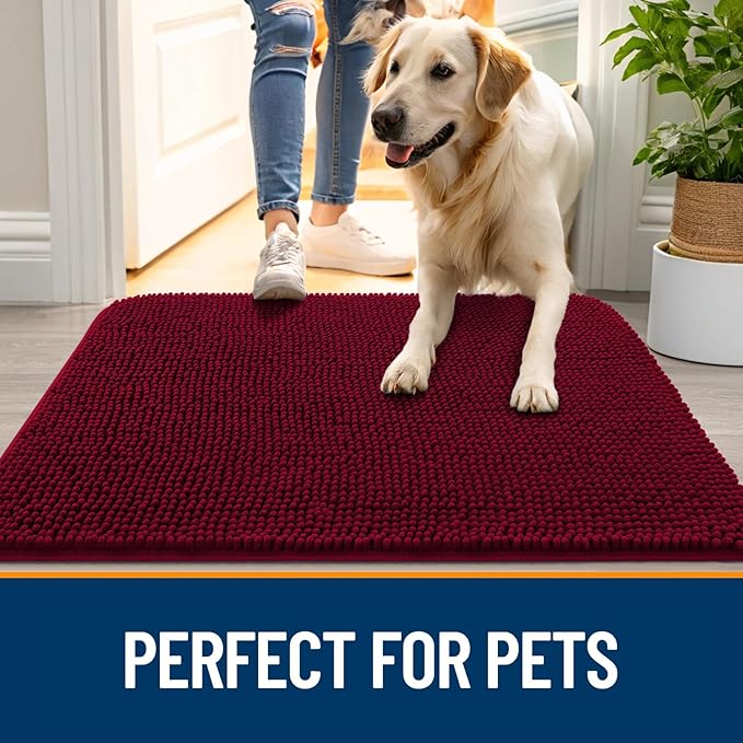 OLANLY Dog Door Mat for Muddy Paws 47x24, Absorbs Moisture and Dirt, Absorbent Non-Slip Washable Doormat, Quick Dry Chenille Mud Mat for Dogs, Entry Indoor Entryway Carpet for Inside Floor, Burgundy