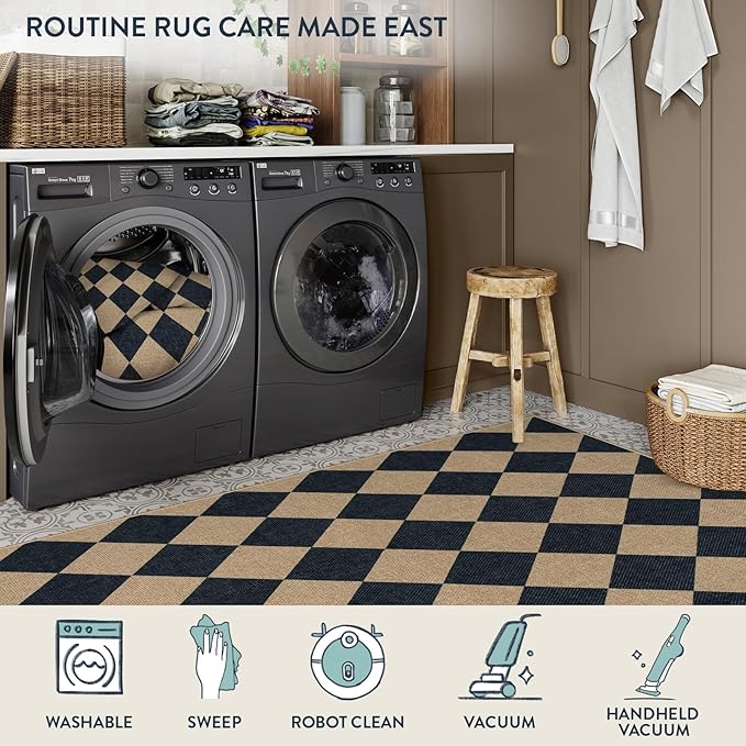Lahome Colette Checkered Easy Jute Runner Rug, 2x8 Hallway Kitchen Runner Rug Non Slip Washable Outdoor Carpet for Entryway Indoor, Checkerboard Black Indoor Outdoor Carpet for Hallway 8ft Entry