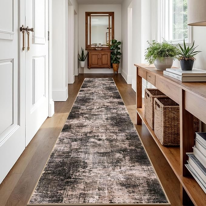 IOHOUZE Abstract Runner Rug 2x12 Ft Washable Runners for Hallways, Non Slip Kitchen Runner Printed Faux Wool Entryway Runner Indoor, Modern Abstract Floor Carpet for Hall Kitchen, Brown/Rust