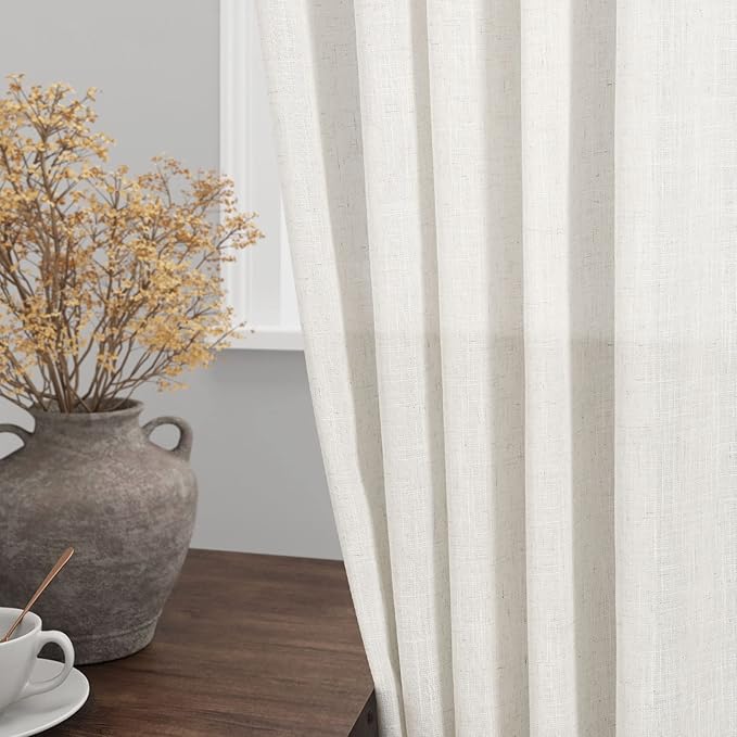 Cream Linen Curtains 126 Inches Long 2 Panels Set for Living Room Extra Long Back Tab Curtain Neutral Farmhouse Light Filtering Semi Sheer Linen Drapes Ceiling to Floor for Large Window 52x126