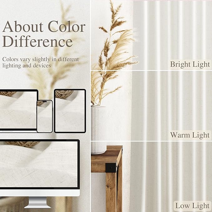 Cream Linen Curtains 126 Inches Long 2 Panels Set for Living Room Extra Long Back Tab Curtain Neutral Farmhouse Light Filtering Semi Sheer Linen Drapes Ceiling to Floor for Large Window 52x126