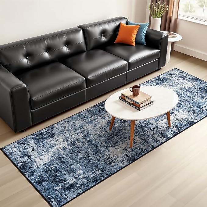 Rugflix 2x6 Runner Rug for Entryway, Kitchen Rugs Soft Non-Slip Washable Runners for Hallway, Abstract Small Carpet with Non-Slip Backing for Bedroom, Living Room, Navy Blue/Black