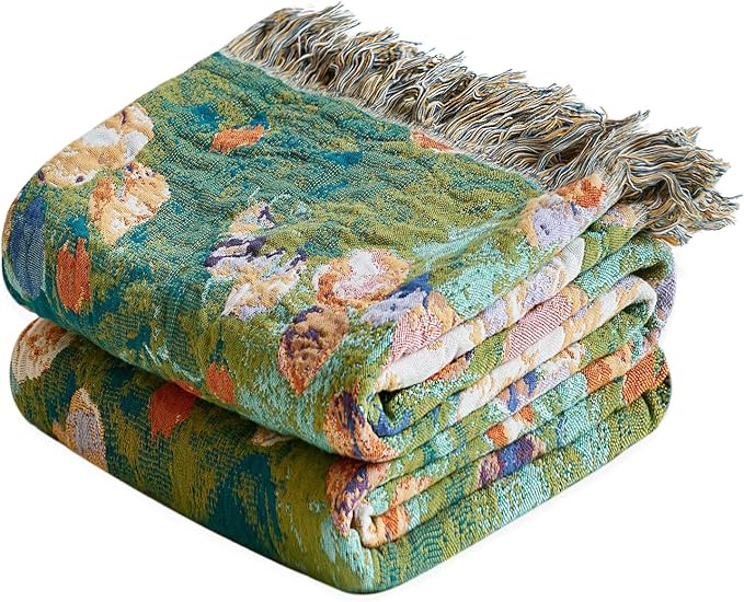 MSGKV Boho Throw Blanket for Couch Cotton Floral Blanket 50"x60" for Sofa Chair Throws Muslin Spring Breathable Lightweight Farmhouse Blankets Home Decor All Seasons