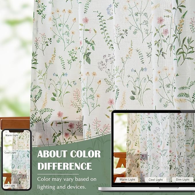 jinchan Floral Linen Blend Curtains for Living Room 84 Inch Length French Country Farmhouse Printed Curtains Sage Green on White Rod Pocket Back Tab Light Filtering Window Drapes 2 Panels