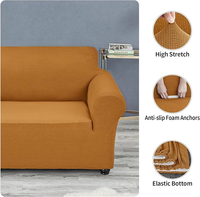 Joccun Stretch Loveseat Couch Cover Slipcover, 1-Piece Sofa Cover for 2 Cushion Couch Spandex Jacquard Washable Furniture Protector Cover for Living Room,Kids,Pets（Loveseat,Gold）