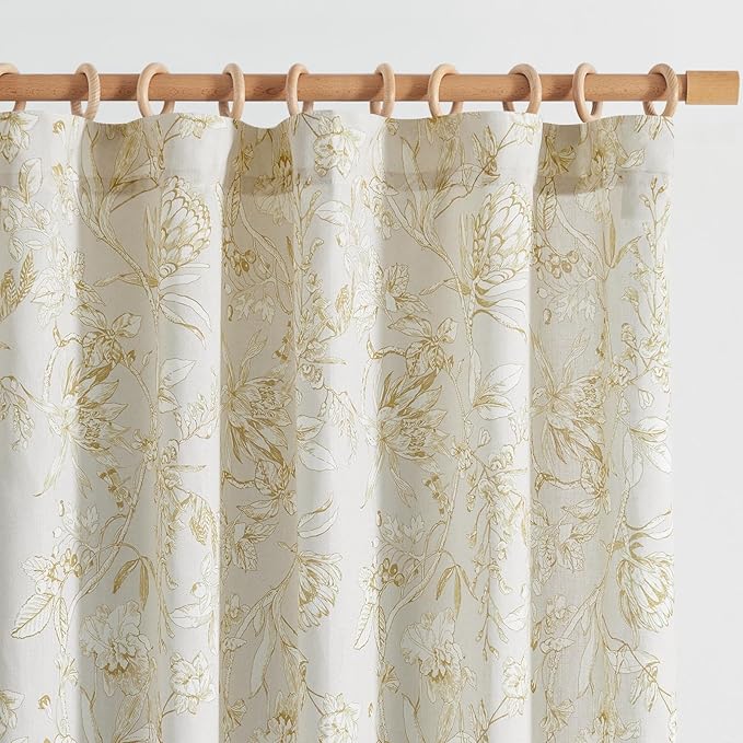 jinchan Floral Curtains 90 Inch Length Mustard Yellow Flower Linen Farmhouse Curtain for Living Room French Country Vintage Curtain Rod Pocket Curtains Set 2 Panels Floral Printed