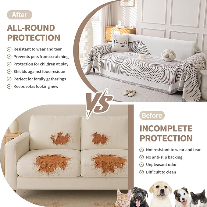 Boho Chenille Couch Cover for Dogs, Non Slip Sofa Cover, Couch Slipcover Covers for 3 Cushion, Furniture Protector with Tassels for Pets Washable, 71"x118", Curved Lines Brown