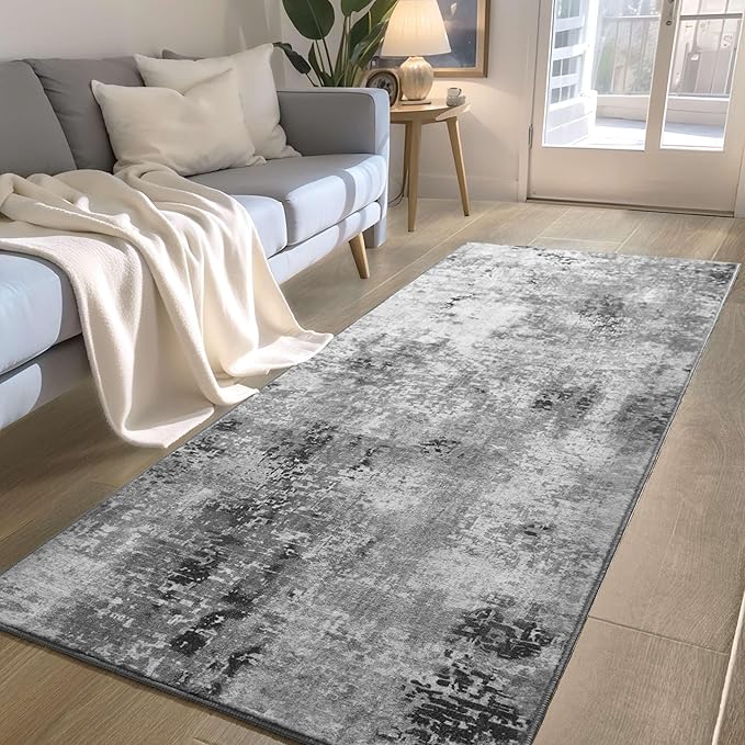 Ompaa 2x6 Rug Runners for Hallways Kitchen Runner Rug Non Slip Washable Grey Long Runner Rugs with Rubber Backing Soft Abstract Carpet Runner for Hallways, Kitchen, Bedroom, Bathroom, Entryway