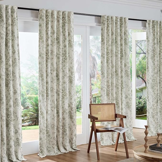 jinchan Blackout Floral Curtains for Living Room Bedroom Linen Blend Curtain Farmhouse Green Printed with Lined Back Tab Rod Pocket Drapes Window Treatments 2 Panels 63 Inch