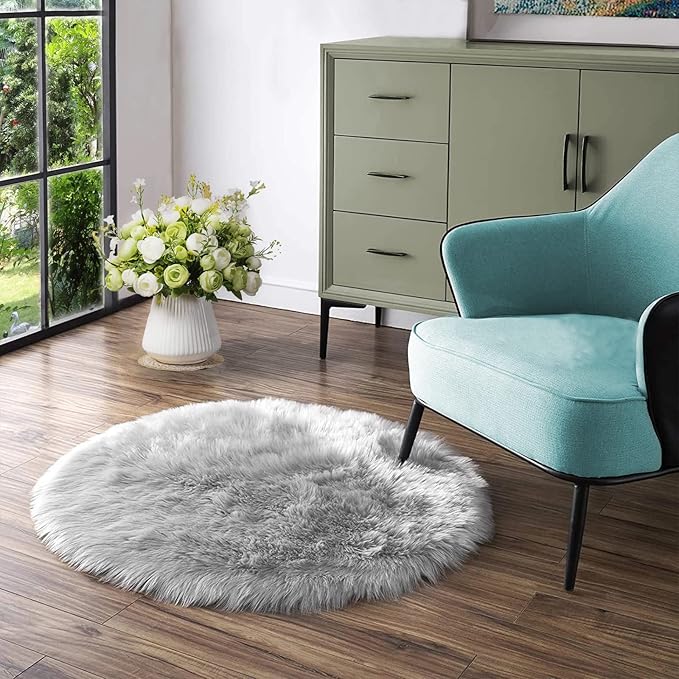 Latepis Round Grey Rugs 6.7ft Faux Sheepskin Fur Circle Rug Fluffy Rugs for Living Room Washable Furry Nursery Shaggy Rug Luxury Home Decor