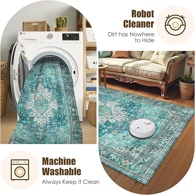 Washable Area Rug 9' x 12' Vintage Traditional Persian Mat - Foldable Distressed Non-Slip Machine Washable Carpet for Living Room Bedroom Kitchen Home Decor - Teal and Gold