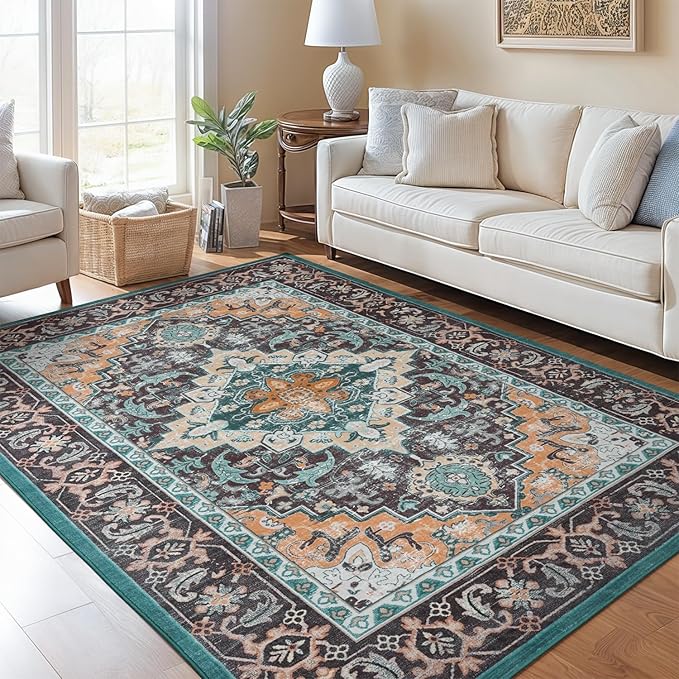 Lofus 5x7 Area Rugs for Living Room, Washable Area Rug, Rugs for Bedroom, Kitchen, Vintage Boho Carpet, Soft Non-Slip, Low Pile Large Area Rug for Office Dining Room, Floral Green