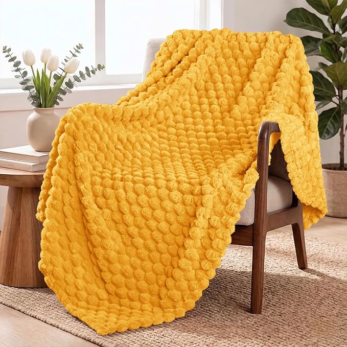 Exclusivo Mezcla Fleece Throw Blanket for Couch, Extra Large Fuzzy Mustard Yellow Bed Blankets, Soft Cozy Plush Sofa Throws for All Seasons, 50x70 Inches