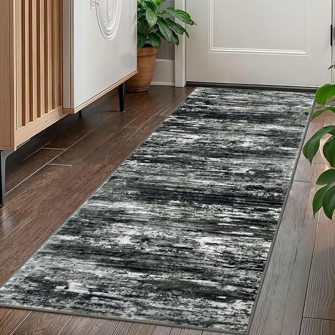 KOZYFLY Kitchen Runner Rug for Hallway Non-Slip Modern Abstract Runner Rug 2x5 Black Grey, Washable Carpet Runner Laundry Room Mat with Soft Low Pile for Entryway Bathroom Bedroom Kitchen