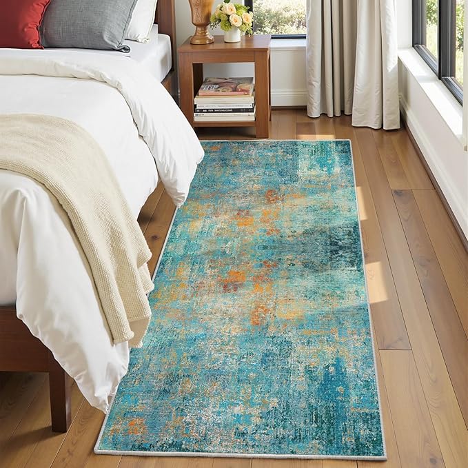 Washable Area Rugs 2'x10' Non-Slip Modern Abstract Soft for Living Room Entryway Bedroom Nursery, Print Pattern, Teal Blue Green Orange Rust Red Coloreful