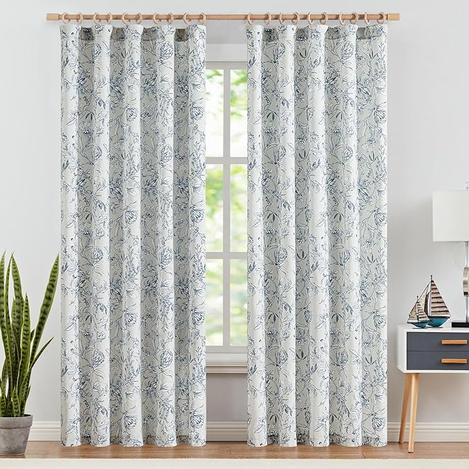 jinchan Floral Curtains 90 Inch Length Blue Flower Linen Farmhouse Curtain for Living Room French Country Vintage Curtain Rod Pocket Curtains Set 2 Panels Blue Floral Printed