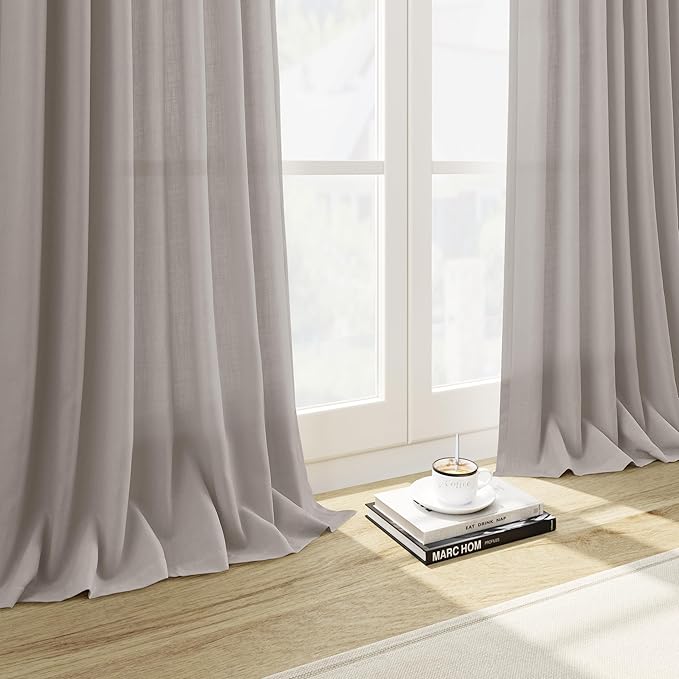 Nanspring Stone Grey Linen Curtains 84 Inch Length 2 Panels Set for Living Room Simple Modern Light Filtering Semi Sheer Curtain Back Tab and Rod Pocket Neutral Luxury Drapes for Bedroom Office 52x84