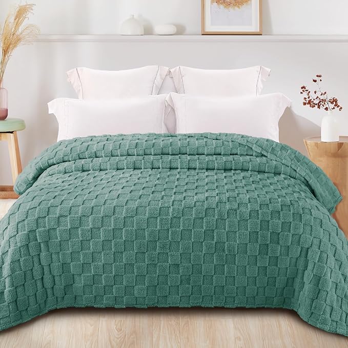 Exclusivo Mezcla Queen Size Flannel Fleece Blanket, Super Soft and Warm Lightweight Checkered Pattern Blankets for All Seasons, 90x90 Inches, Celadon