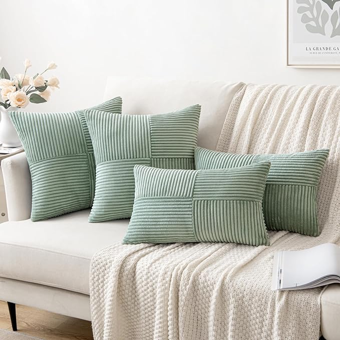 MIULEE Greyish Green Decorative Euro Sham Pillow Covers 24x24 Inch for Bed Couch Sofa Spring Decor Pack of 2 Boho Farmhouse Throw Pillows Soft Cross Corduroy Patchwork Textured Cushion Cases