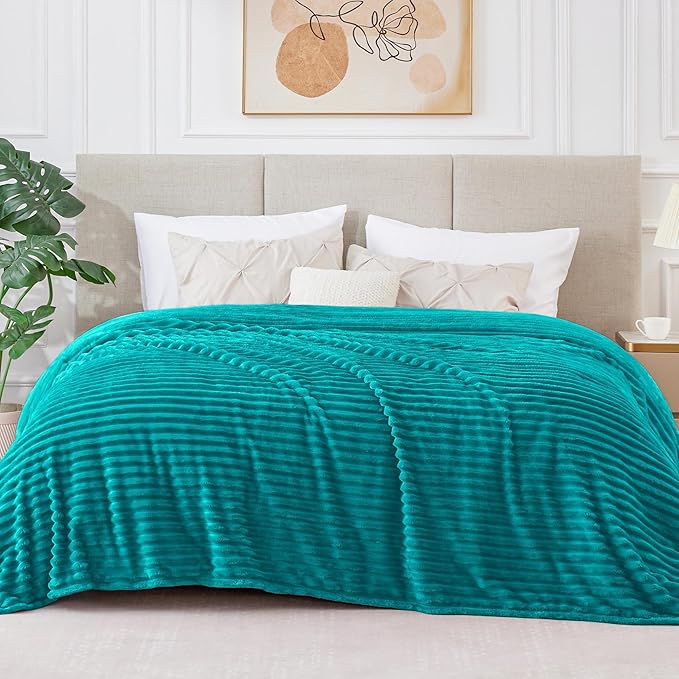 BEDELITE Fleece Blanket Queen Size – 3D Ribbed Jacquard Soft and Warm Decorative Fuzzy Blankets – Cozy, Fluffy, Plush Lightweight Throw Blankets for Couch, Bed, Sofa(Blue, 90x90 inches)