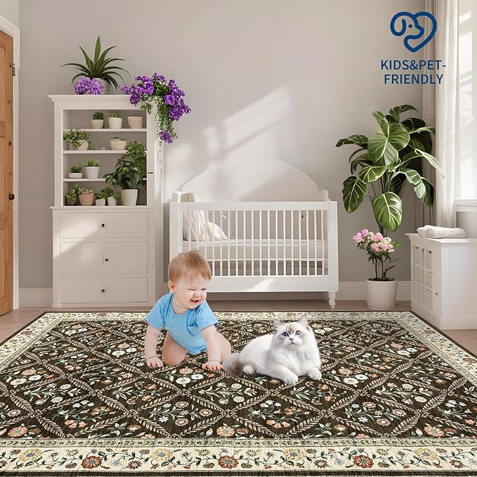 Large Entryway Rug 3x5 Floral Washable Area Rugs Vintage Soft Non-Slip Small Floor Carpet Doormat Stain Resistant Low-Pile Ultra-Thin Entry Mat for Bedside Kitchen Brown