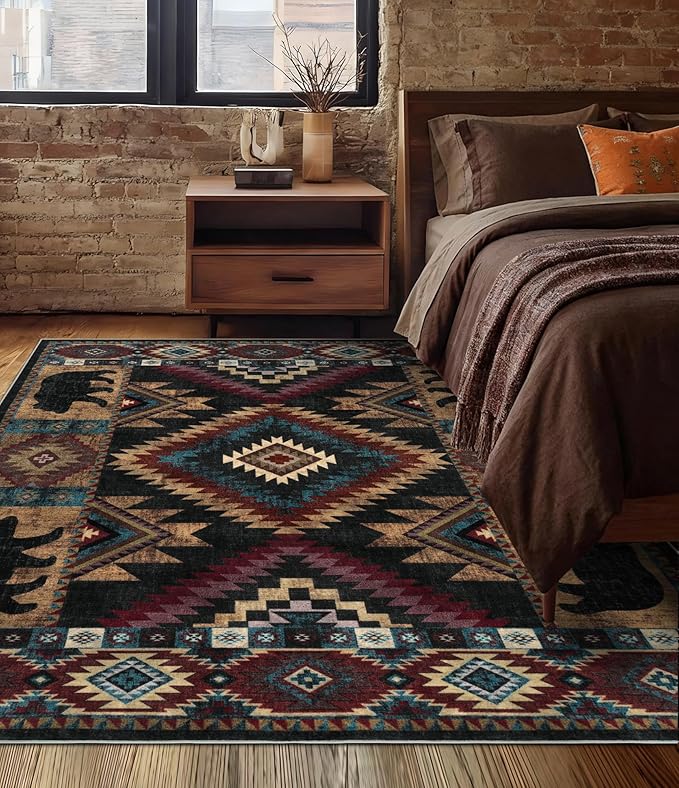 YIHOUSE Rustic Cabin Area Rug for Bedroom 5x7,Machine Washable Lodge Bear Rug,Non-Slip Low Pile Print Pattern Western Rug for Living Room