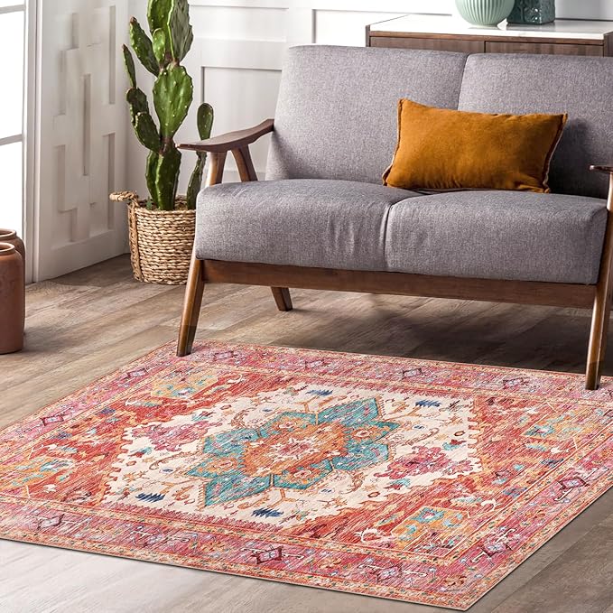 Yamaziot Washable Area Rug for Bedroom, 3x5 Non-Slip Boho Vintage Living Room Rug with Rubber Backing, Low Pile Faux Wool Soft Distressed Rug Floor Carpet for Living Room, Laundry, Kid Playroom