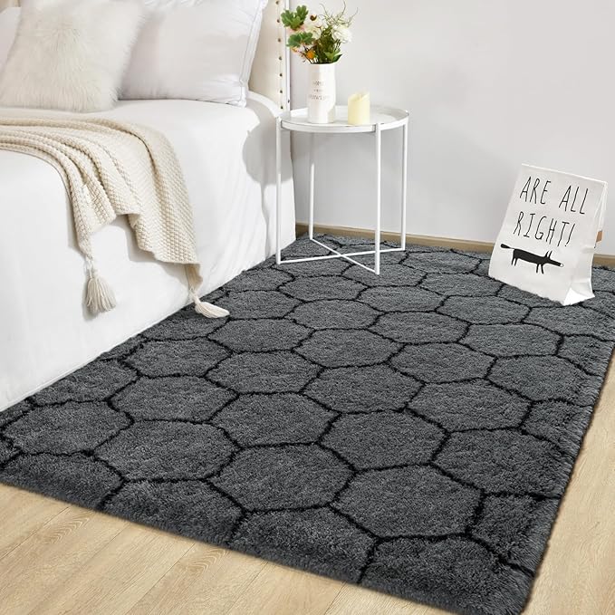 TWINNIS Super Soft Shaggy Rugs Fluffy Carpets, 6x9 Feet, Indoor Modern Plush Area Rugs for Living Room Bedroom Kids Room Nursery Home Decor, Upgrade Anti-Skid Rectangular Fuzzy Rug, Dark Gray