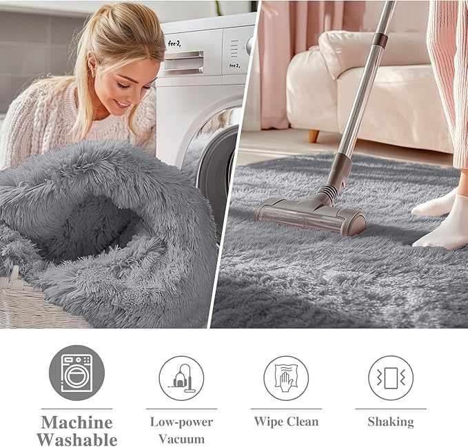 OLANLY Light Grey Round Rugs for Bedroom - Machine Washable, 5 ft Circle Area Rugs for Living Room, Soft and Fluffy Shaggy Carpet for Teen Girls and Boys, Nursery Rooms, Dorms, Home Decor Aesthetic
