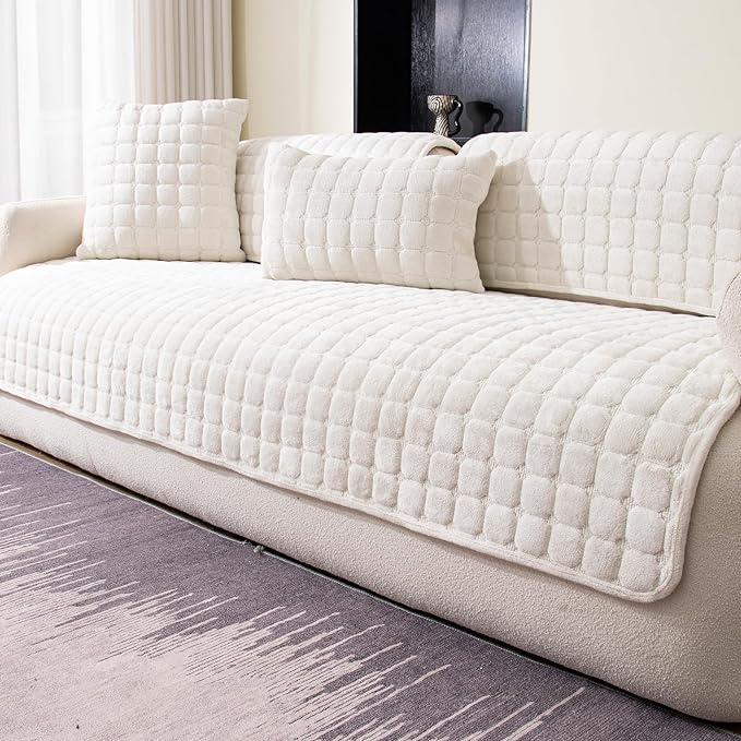 Velvet Couch Cover, Washable Sectional Sofa Cover, Anti Slip Sofa Slipcover for 3 Cushion Couch Sofa L Shaped Armrest Backrest, Furniture Protector Covers for Pets Kids(White, Only 1 PCS)