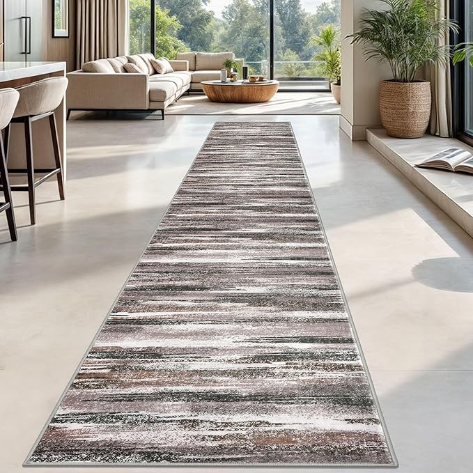 Lansny Modern Abstract Runner Rug 2.6x18, Dark Light Brown White Washable Long Kitchen Runner Non-Slip Soft Hallway Rug Runner Thin Print Faux Wool Carpet for Entryway Bedroom Laundry Room Indoor