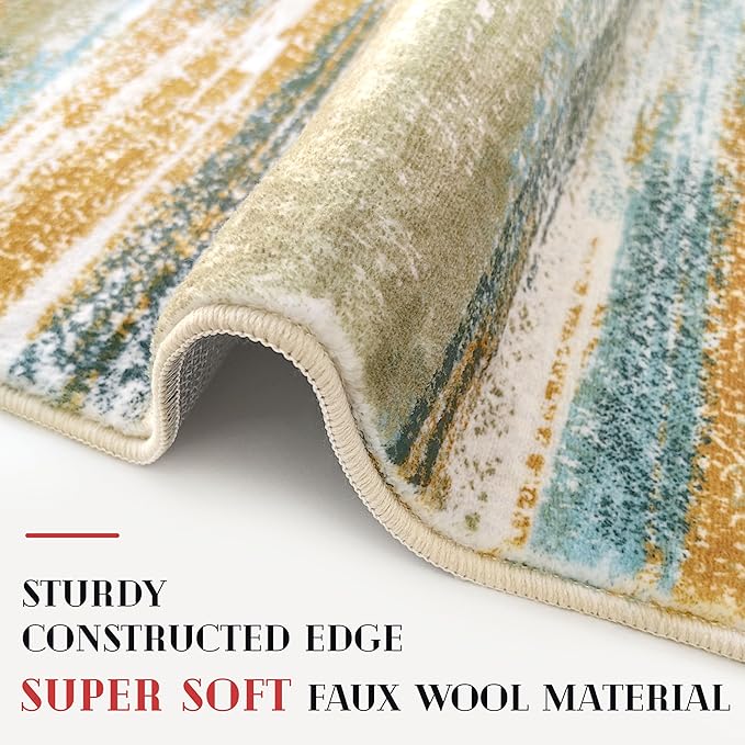 Lansny Modern Abstract 5x7 Machine Washable Area Rug Non-Slip Soft Bedroom Living Romm Rug Green Mustard Multi Ultra Thin Print Faux Wool Floor Carpet Throw Rug for Nursery Playroom Dining Room Office