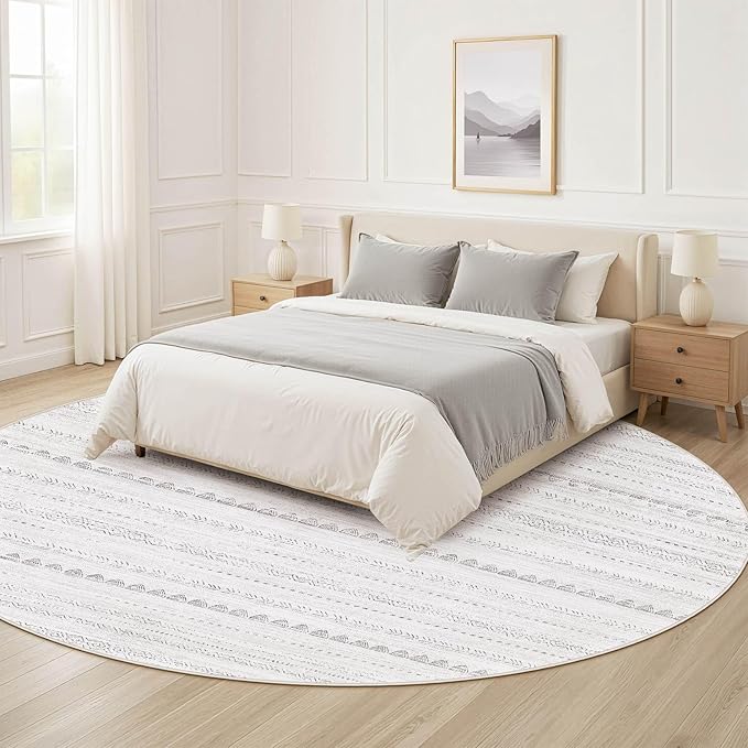 Nakagishi Round Rug Boho Area Rugs: 4x4 Washable Large Circle Neutral Soft Stain Resistant Non-Slip Carpet for Women Aged 25-45 Farmhouse Decor Enthusiasts - Living Room Bedroom Dining Room Nursery