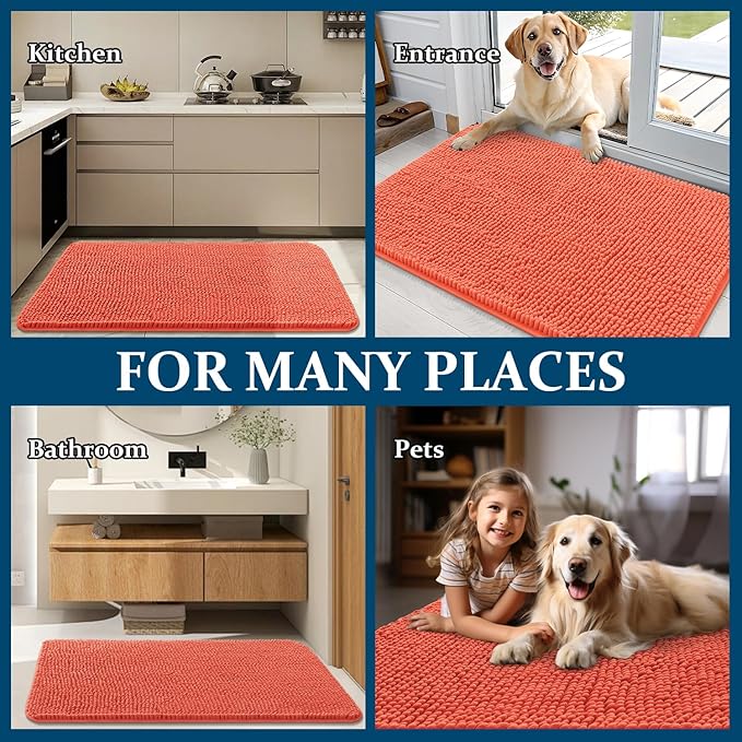OLANLY Dog Door Mat for Muddy Paws 70x32, Absorbs Moisture and Dirt, Absorbent Non-Slip Washable Doormat, Quick Dry Chenille Mud Mat for Dogs, Entry Indoor Entryway Carpet for Inside Floor, Coral