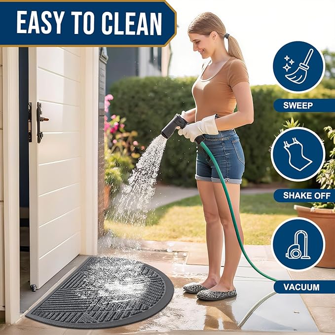 Smiry Half Circle Front Door Mat Outside Entrance, Heavy Duty Sturdy Natural Rubber Doormat, Trap Dirt and Moisture, Low Profile Mats for Indoor Outdoor Entry, Irregular Triangle (47x32, Grey)