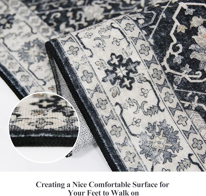 Hallway Washable Runner Rug - 2x10 Kitchen Rugs Entryway Rug Runner Vintage Soft Floor Mat Non Slip Indoor Farmhouse Carpet for Bathroom Living Room Bedroom(2 X 10, Black)