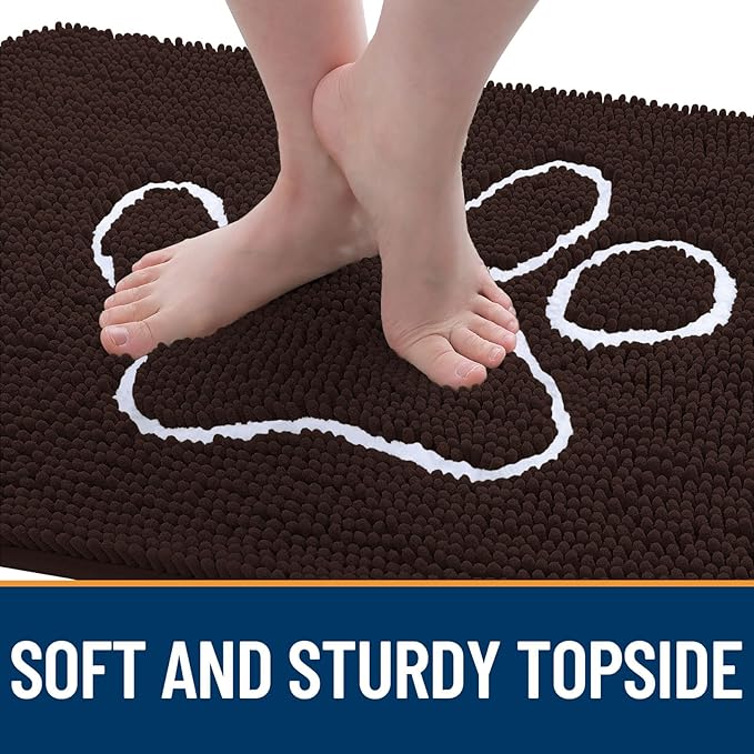 OLANLY Dog Door Mat for Muddy Paws 70x24, Paw Print Design, Absorbs Moisture and Dirt, Absorbent Non-Slip Washable Doormat, Quick Dry Chenille Mud Mat for Dogs, Entry Indoor Entryway Carpet, Brown