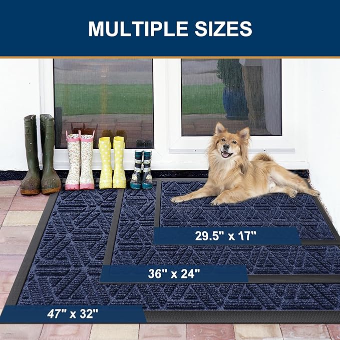 Smiry Front Door Mat Outside Entrance, Heavy Duty Sturdy Natural Rubber Doormat, Trap Dirt and Moisture, Easy Clean Low Profile Mats for Indoor Outdoor Entry, Grid Geometric (59x23, Navy Blue)