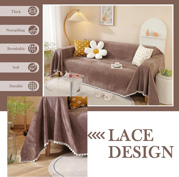 HANDONTIME Brown Sofa Covers Simple Couch Cover for Pet White Floral Couch Cushion Covers for L Shape Chocolate Sofa Throw Cover Sectional Couch Covers for Living Room Machine Washable, 71" X150"
