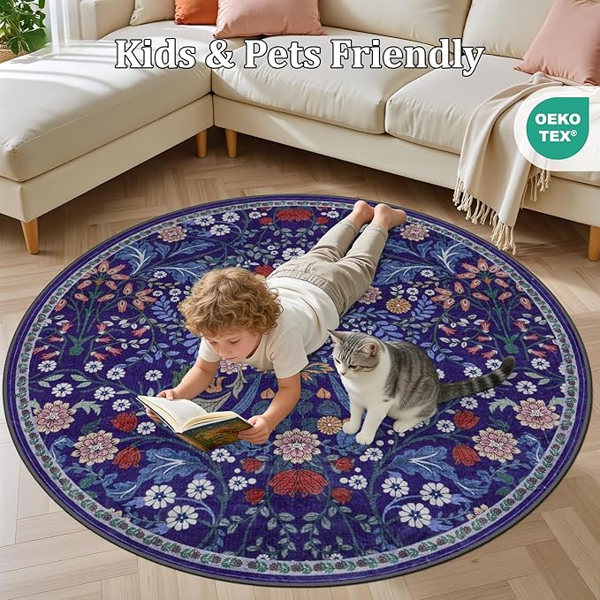 Round Area Rug for Living Room: 6 ft Floral Washable Circle Rug Soft Boho Non-Slip Carpet Indoor Stain Resistant Low Pile Small Circular Rug for Bedroom Entryway Kitchen Nursery Home Office Blue