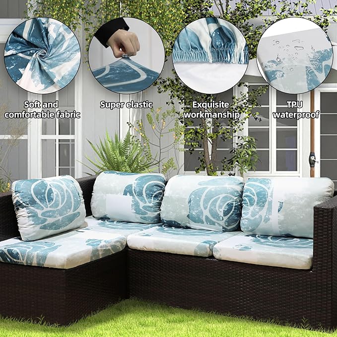 8Pcs Outdoor Cushion Covers, Patio Cushion Covers,Stretch Elastic Slipcovers, Replacement Washable & Reusable Furniture Protector for Patio Couch (Blue Rose-Pattern,Cover Only)