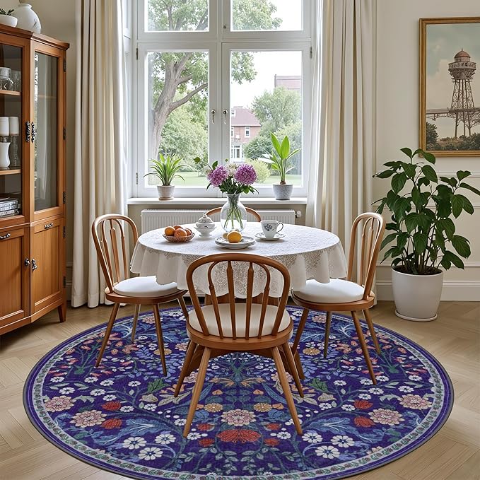Round Area Rug for Living Room: 4 ft Floral Washable Circle Rug Soft Boho Non-Slip Carpet Indoor Stain Resistant Low Pile Small Circular Rug for Bedroom Entryway Kitchen Nursery Home Office Blue